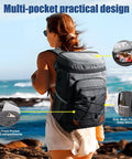Person wearing Leak Proof Insulated Backpack Cooler For Men And Women 36 Can Soft Cooler Backpack Keeps It Ice Cold Waterproof Large Capacity