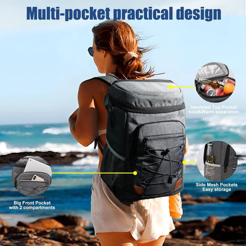 Person wearing Leak Proof Insulated Backpack Cooler For Men And Women 36 Can Soft Cooler Backpack Keeps It Ice Cold Waterproof Large Capacity