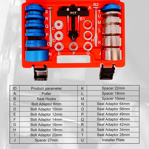 Crankshaft And Camshaft Oil Seal Installer And Remover Kit, 22 Piece Puller Set For Automotive Engine Repair, tool components in case