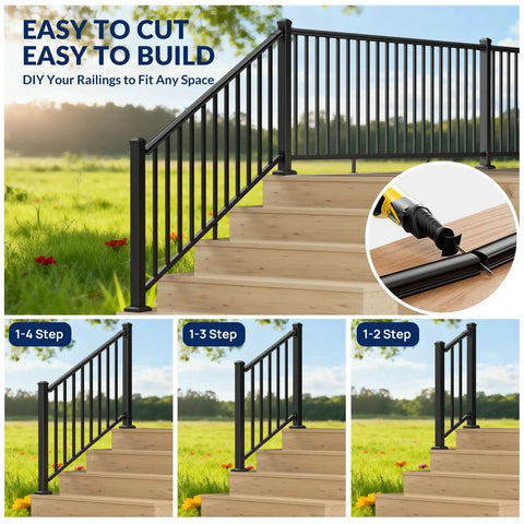 Aluminum Stair Railing Kit With One Post One Panel 36 Inch High 5 Foot Wide Black Textured Powder Coat Finish Outdoor Deck Porch Balcony Railing System Built To Last IBC IRC ASTM Compliant