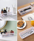 Eighteen Pack Slick Slim Plastic Baskets For Narrow Drawer Setup in various uses, storing cosmetics, office supplies, and utensils.