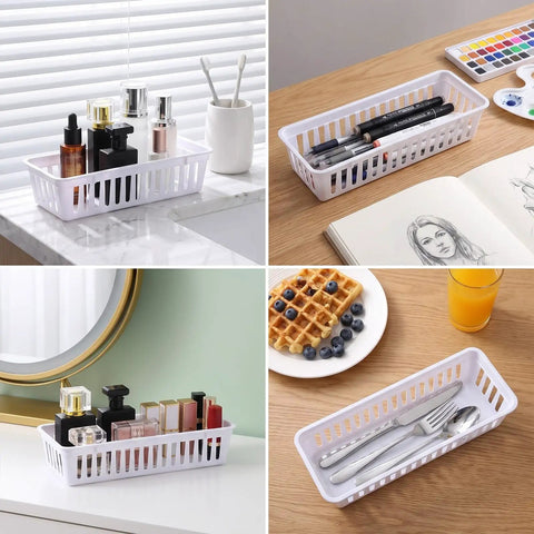 Eighteen Pack Slick Slim Plastic Baskets For Narrow Drawer Setup in various uses, storing cosmetics, office supplies, and utensils.
