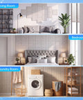 White Slatted Acoustic Foam Panels 24 Pack 12x12x0.4 Inch High Density Polyester Fiber Dope Sound Proofing used in stylish living, bedroom, and laundry rooms.