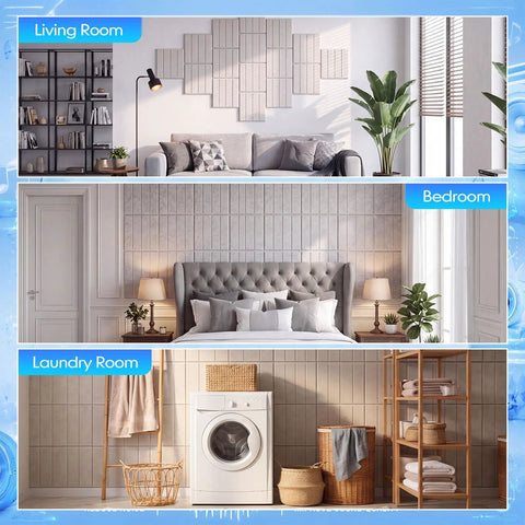 White Slatted Acoustic Foam Panels 24 Pack 12x12x0.4 Inch High Density Polyester Fiber Dope Sound Proofing used in stylish living, bedroom, and laundry rooms.