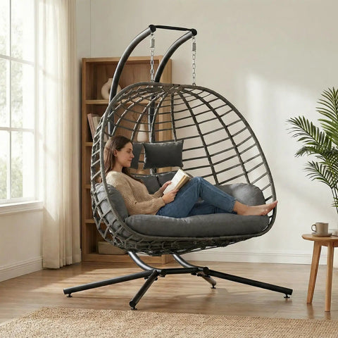 Two Person Outdoor Double Egg Swing Chair With Stand For Patio Or Garden Weather Resistant Hanging Hammock With Cushions