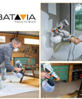 Collage showing HVLP Electric Spray Paint Gun With 1200ML Tank, 4 Nozzles, 3 Spray Patterns, used on furniture and walls.