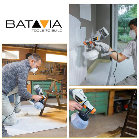 Collage showing HVLP Electric Spray Paint Gun With 1200ML Tank, 4 Nozzles, 3 Spray Patterns, used on furniture and walls.