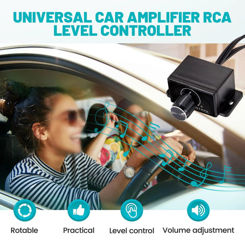 Universal Car Amplifier RCA Level Controller with dope bass control knob in a car dashboard setup, musical notes overlay.
