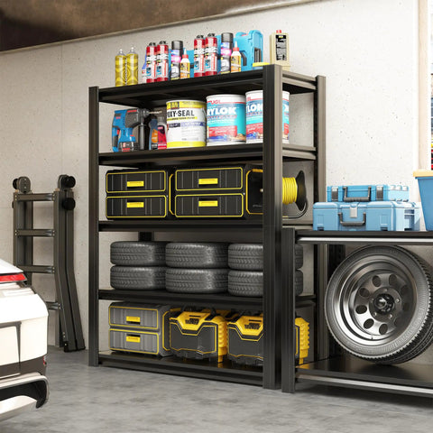 Heavy Duty 72 Inch Garage Shelving Unit With 2,500 Lbs Capacity, 5 Adjustable Tiers, Metal Storage Racks For Workshop, Basement And Home Office, Durable Steel Construction, Easy Assembly, Max 500 Lbs Per Shelf, black steel garage rack with tires and tools