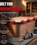 Eight Pack Edge Band Spring Clamps for Edge Banding and Woodworking adjustable clips securing wood on a workbench