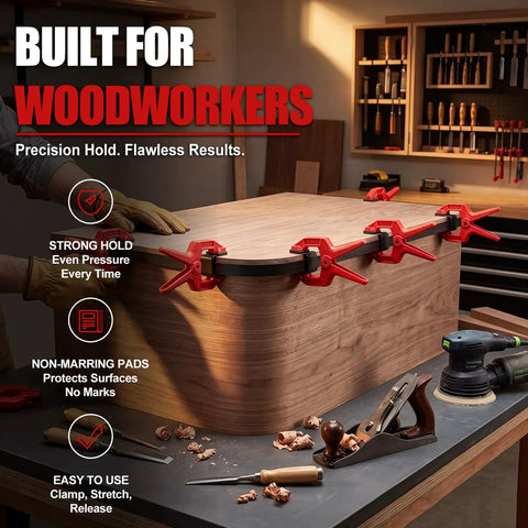 Eight Pack Edge Band Spring Clamps for Edge Banding and Woodworking adjustable clips securing wood on a workbench