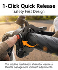 Heavy Duty Motorcycle Cruise Control Throttle Lock With Serrated Heart Push Button Nonslip Handlebar Mount shown in use with quick release.