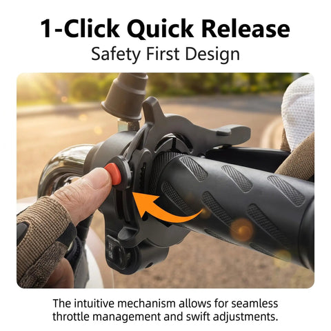 Heavy Duty Motorcycle Cruise Control Throttle Lock With Serrated Heart Push Button Nonslip Handlebar Mount shown in use with quick release.
