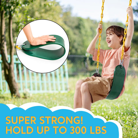 Child on Heavy Duty Green Swing Seat With 66 Inch Chains Kit Replacement Playset Accessories With Snap Hooks For Kids Outdoor Playground Includes Two Zinc Plated Chains 27 x 5.5 Inch Thermoplastic Seat, featuring insert showing green seat.