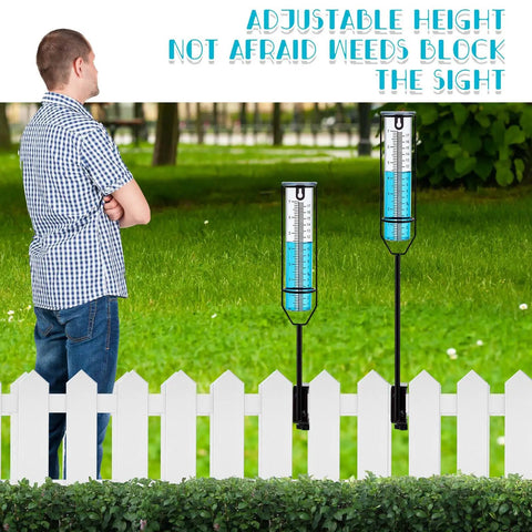 Beefy Clamp On Rain Gauge For Outdoor Use With Large Capacity Clear Scale Rust Proof Metal And Adjustable Height Great For Garden Yard Lawn Patio Farm Fence Rails Rain Meter on white fence