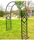 Black metal garden arch trellis for climbing plants, backyard wedding ceremony decor outdoor pergola arbor, sturdy yard arch for gardens.