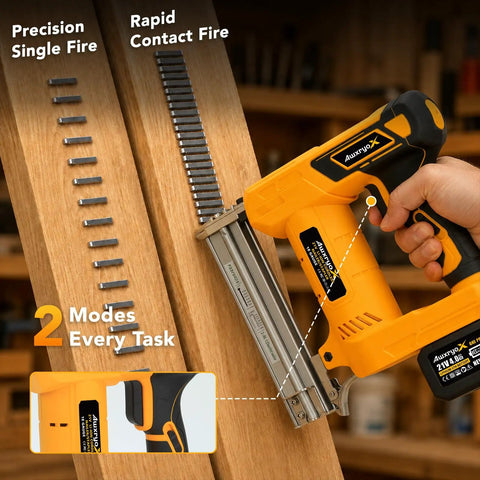 Badass Cordless Brad Nailer 18 Gauge Electric Nail Gun 21V Rechargeable Portable Nailer Kit shown in action on wood.