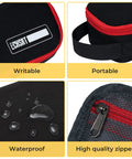 Close-up of black pencil case showing writable label, portable handle, waterproof fabric, and high-quality zipper features.