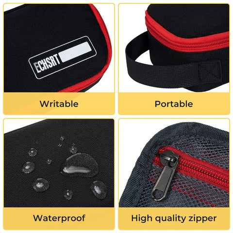 Close-up of black pencil case showing writable label, portable handle, waterproof fabric, and high-quality zipper features.