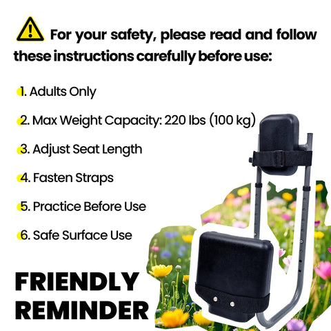 Instruction card for Garden Kneeler Seat With Adjustable Height And Angle, Thick Kneeling Pad and Cushioned Seat, No Back Pain Ergonomic Joint Protection For Gardeners And DIYers, Durable Carbon Black.