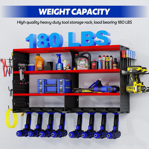 Beefed Up Heavy Duty Power Tool Organizer Wall Mount Rack With Four Levels And Eight Drill Holders For Cordless Tools 180 Pound Capacity Garage Shop Workbench Storage Solution.