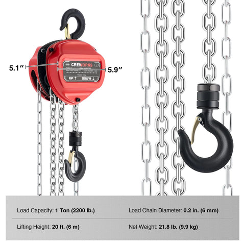 CREWORKS hand chain hoist, red 1-ton manual lever hoist with load chain and hook