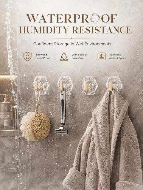 Heavy Duty Adhesive Wall Hooks With Rock Solid Grip, Hexagonal Ripple Texture Built Tough For Towels And Jackets, mounted on wet surface.