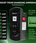Level 2 Electric Vehicle Charging Station 50 Amp Adjustable 30 Ft Cable 220 Volt Nema 14-50p Plug For Tesla And Your Daily Rig showing amperage settings.