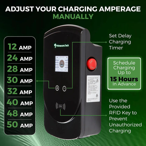 50 Amp Level 2 EV Charger Station 240V Beefed Up Fast Home Charging With 30 Foot Hardwired Cord For Tesla ID4 Mach E F150 Audi E Tron RAV4 Kia EV6 Ioniq 5 Polestar Rivian, side view showing adjustable amperage settings and features.