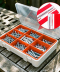 Built Rugged 4 Piece Self Adhesive Acrylic Piano Hinge Set Continuous Door Clip Heavy Duty Cabinet Hardware Dead Simple Install Super Smooth Glide For Garage And Workshop with screws in an organized storage box.