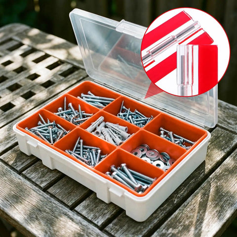 Built Rugged 4 Piece Self Adhesive Acrylic Piano Hinge Set Continuous Door Clip Heavy Duty Cabinet Hardware Dead Simple Install Super Smooth Glide For Garage And Workshop with screws in an organized storage box.