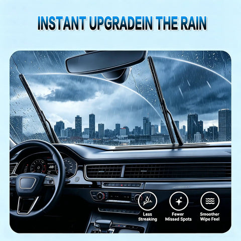 Straight Up Tough 26 And 16 Inch Windshield Wiper Blades With Heavy Metal Frame For All Season Action installed in car during rain.