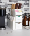Cup and Condiment Station for Coffee Bar and Kitchen Go To Space Saving Countertop Organizer with Stirrers Durable White Plastic