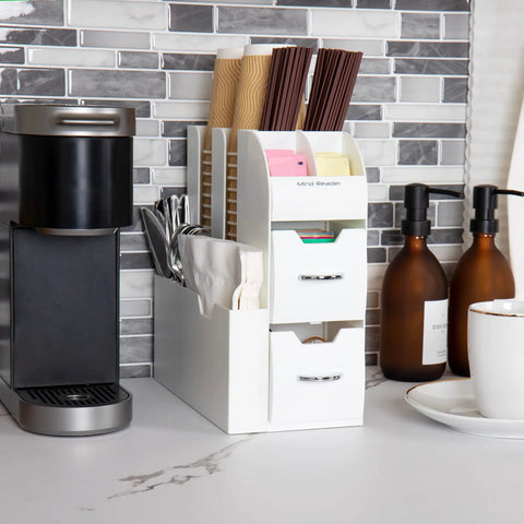 Cup and Condiment Station for Coffee Bar and Kitchen Go To Space Saving Countertop Organizer with Stirrers Durable White Plastic