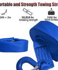 Heavy Duty Boat Trailer Winch Strap With Hook 2 Inch By 20 Foot, blue polyester strap with hook