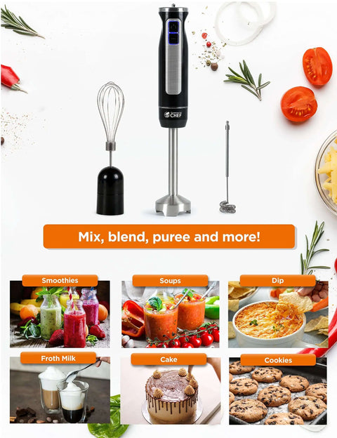 Dope Performance 500 Watt Immersion Hand Blender With Detachable Stainless Steel Shaft For Creamy Soups Velvety Smoothies And Silky Dips Lightweight Corded Kitchen Gadget Built Legit next to whisks and diverse food dishes.