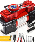 Red Dual Cylinder Tire Inflator Air Compressor with Digital Display and Auto Shut Off 12V DC, LED Flashlight, accessories shown.