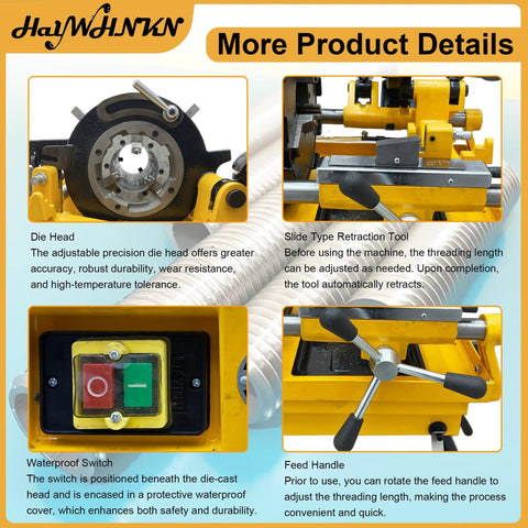 Straight Up Heavy Duty Workhorse Electric Pipe Threader And Cutting Tool 1 2 To 4 Inch NPT BSPT Die Set 220V 750W Solid Rig features die head and waterproof switch.