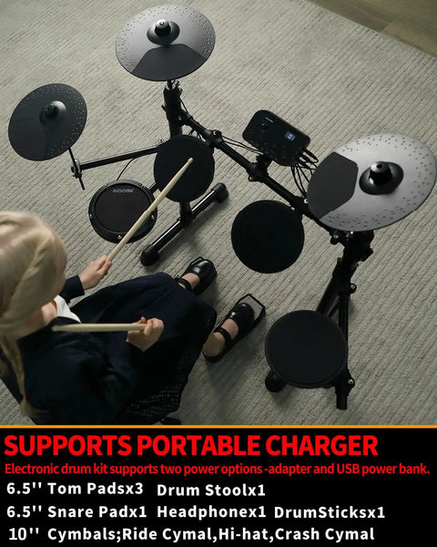 User playing Electric Drum Set for Beginners With 150 Sounds and Quiet Pads 2 Pedals Ready To Jam Throne Sticks