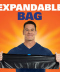Person holding an expandable Ultra Strong 13 Gallon Black Trash Bags Tall Kitchen Garbage Bags With Drawstring Enclosure.