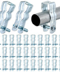25 Pack EMT Conduit Hangers Kit with Bolts, showing galvanized metal clamps for 1/2 inch pipe mounting, and installation example.