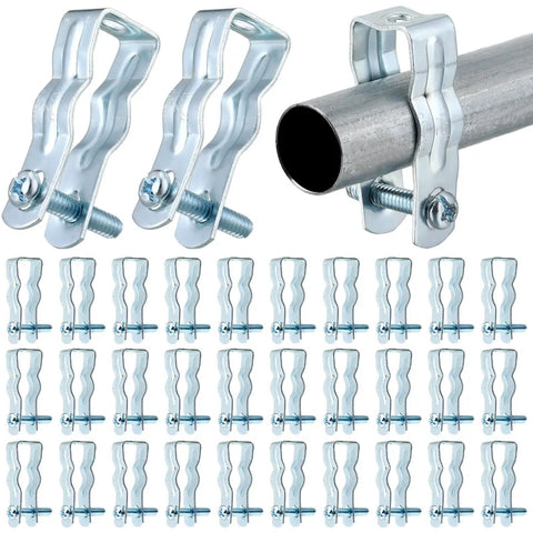 25 Pack EMT Conduit Hangers Kit with Bolts, showing galvanized metal clamps for 1/2 inch pipe mounting, and installation example.