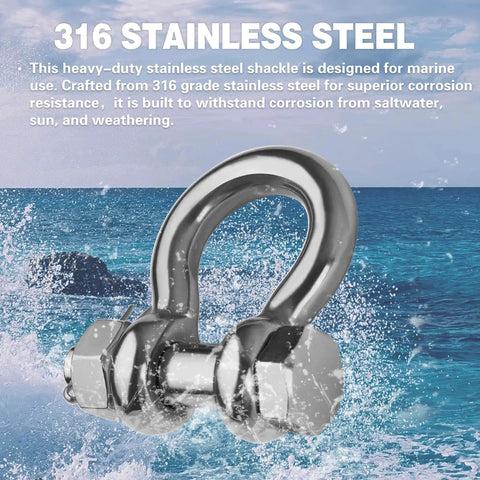 Pro Grade 316 Marine Stainless Steel D Ring Shackles Heavy Duty Anchor And Towing Rigging Gear Built Like A Tank For Boats And Yachts Including Secure Cotter Pins, close-up on a shiny shackle in ocean splashes.