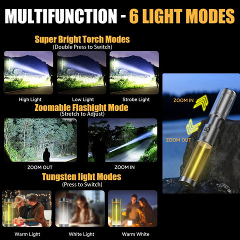Image showing 6 light modes of the 2 In 1 Rechargeable Camping Lantern And Flashlight With 6 Mode LED for various scenarios.