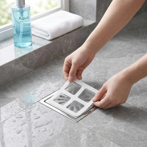 Fifty Pack Disposable Shower Drain Hair Catcher Stickers With Tough Adhesive Mesh Filter being applied to a drain.