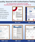 Certification images for UL, CE, TUV, CB, CCC compliance with mention of possible missing UL labeling due to batch reasons.