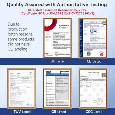 Certification images for UL, CE, TUV, CB, CCC compliance with mention of possible missing UL labeling due to batch reasons.