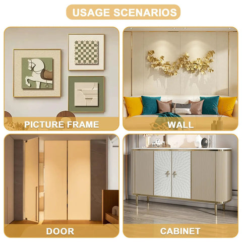 Kick Up Your Rooms With Matte Gold Peel And Stick Molding Trim, used decoratively on picture frames, walls, doors, and cabinets.