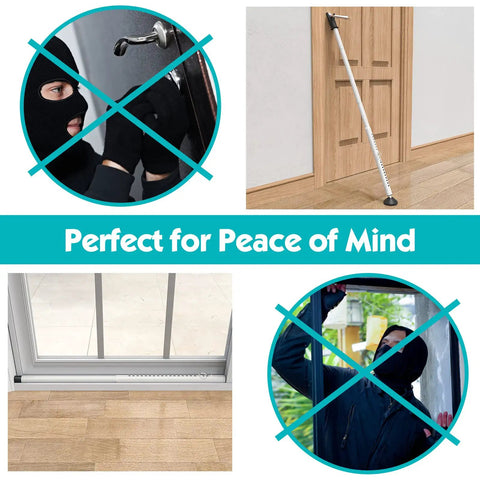 Collage showing Sliding Door Security Bar With Anti Lift Lock Built Tough in use and preventing break-ins, 2 pack.