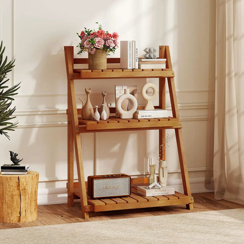 Foldable 3 Tier Ladder Plant Stand Made Of Solid Wood For Indoor Outdoor Use in corner displaying decor and books